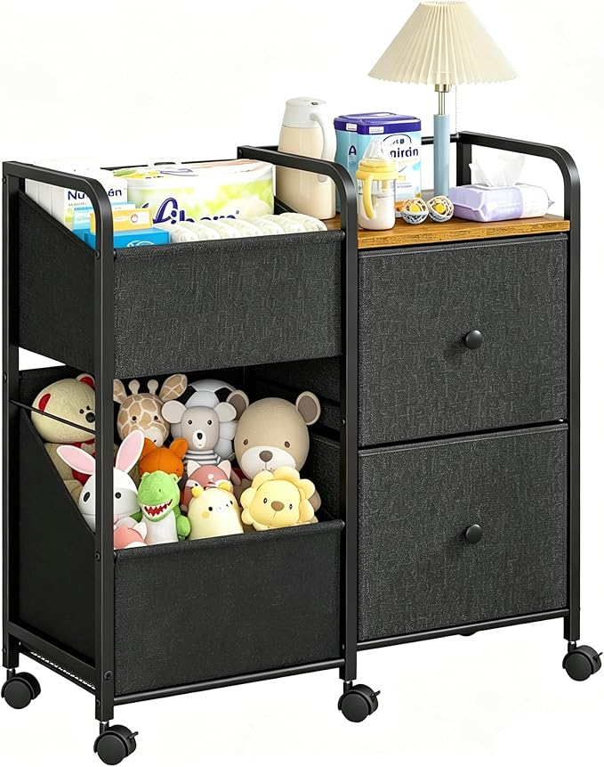 Baby Diaper Caddy Organizer Cart with Wheels, 2 Tier Rolling Cart with Dividers and Drawers, Mobile Utility Cart Bedside for Nursery, Bedroom, Baby Newborn Essentials Storage Cart, Black