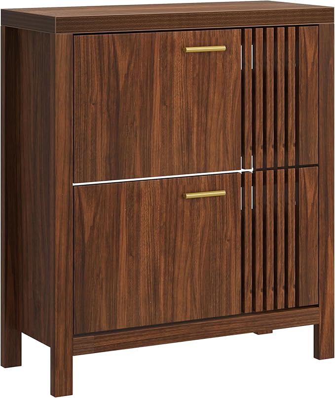 knoworld Shoe Storage Cabinet for Entryway with 2 Flip Drawers, 31.5" Narrow Fluted Shoe Organizer Cabinet, Slim Wooden Shoe Cabinet, Freestanding Hidden Shoe Cabinet for Entrance, Hallway (Walnut)