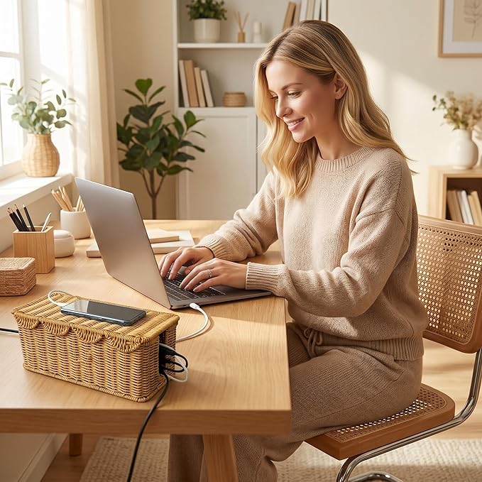 Scalloped Handwoven Rattan Cable Management Basket, 2 Open Slots Plastic Wicker Cord Hider Box for TV Wires Computer Router USB Hub Strip