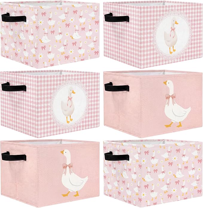 CHENGU 6 Pack Pink Silly Goose Storage Bin Cute Collapsible Storage Basket for Girl Large Foldable Laundry Box with Handle Decorative Clothing Basket for Girl Nursery Bedroom Home Baby Shower Birthday