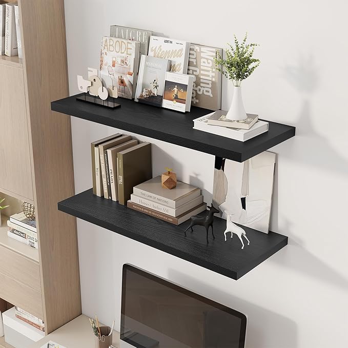 Dreamland 36" Floating Shelves for Wall, 12" Deep Slim Black Floating Shelves,Wall-Mounted Shelves for Bedroom, Living Room, Kitchen, Bathroom - Set of 2