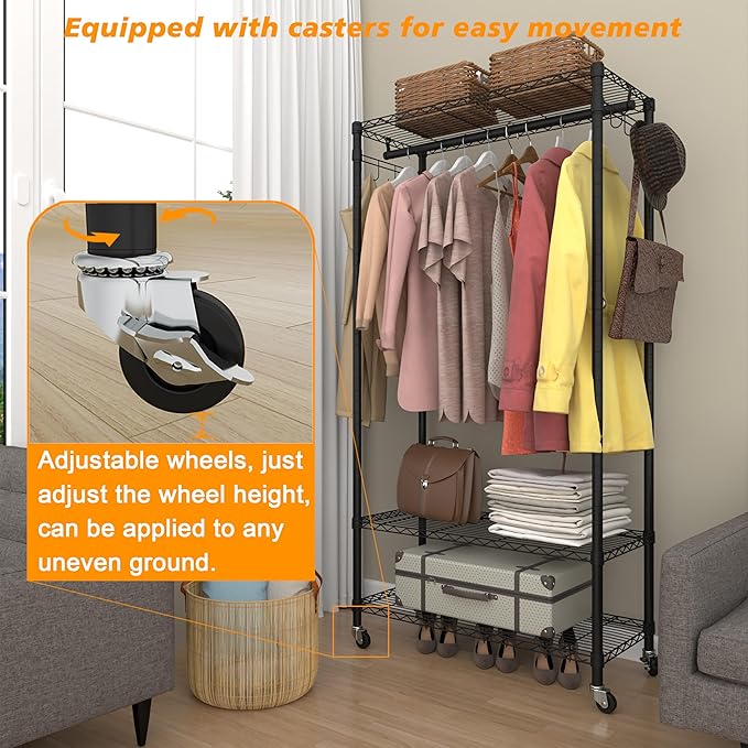 Rolling Portable Garment Rack, Freestanding Clothes Rack with 3 Adjustable Wire Shelves, 2 Side Hooks, Black