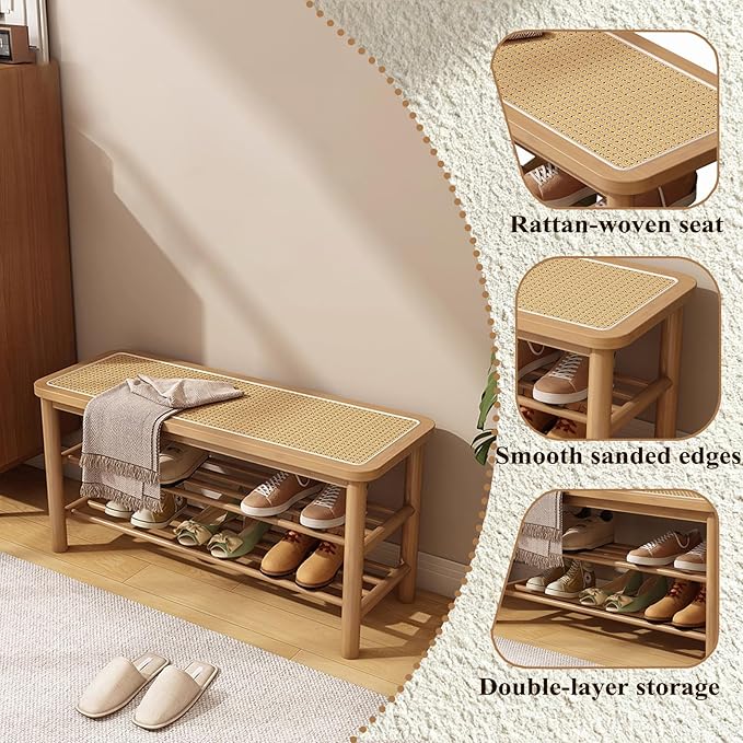 SOBIBO Bamboo Shoe Rack Bench with Rattan Seat, 3-Tier Shoe Storage Bench, Entryway Bench for Hallway Nature-23.62 inches