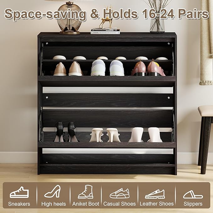 Shoe Cabinet with 2 Flip Drawers, Modern Narrow Shoe Storage Cabinet Organizer with Adjustable Shelf, Hidden Freestanding Shoe Rack for Entryway, Hallway, Living Room, Black