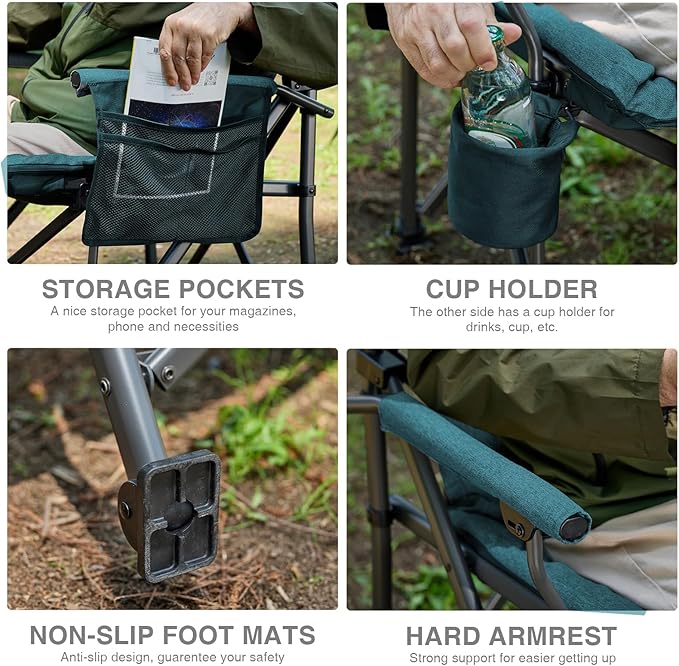 EVER ADVANCED Padded Oversized Folding Camping Chair for Adults, Heavy Duty Lawn Chair with Side Pockets, Portable Collapsible Quad Chair for Outside, Support Up to 500lbs, Green 2Pack