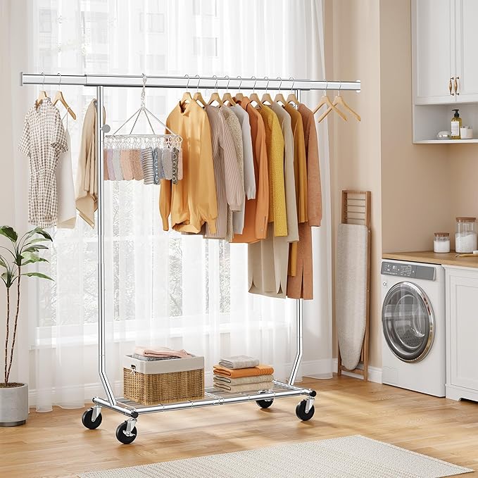Tajsoon Clothes Rack Heavy Duty Load 350 LBS, 73.8' Extendable & Adjustable Collapsible Clothing Rack for Hanging Clothes, Rolling Garment Rack with Lockable Wheels for Bedroom, Plating Chrome