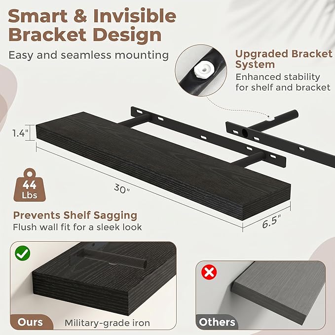 Venusmiles Floating Shelves for Wall, 30 Inch Floating Shelves Set of 2, 6.5" D Wooden Wall Mounted Display Shelves with Invisible Brackets for Living Room, Bedroom, Bathroom, Kitchen Decor, Black