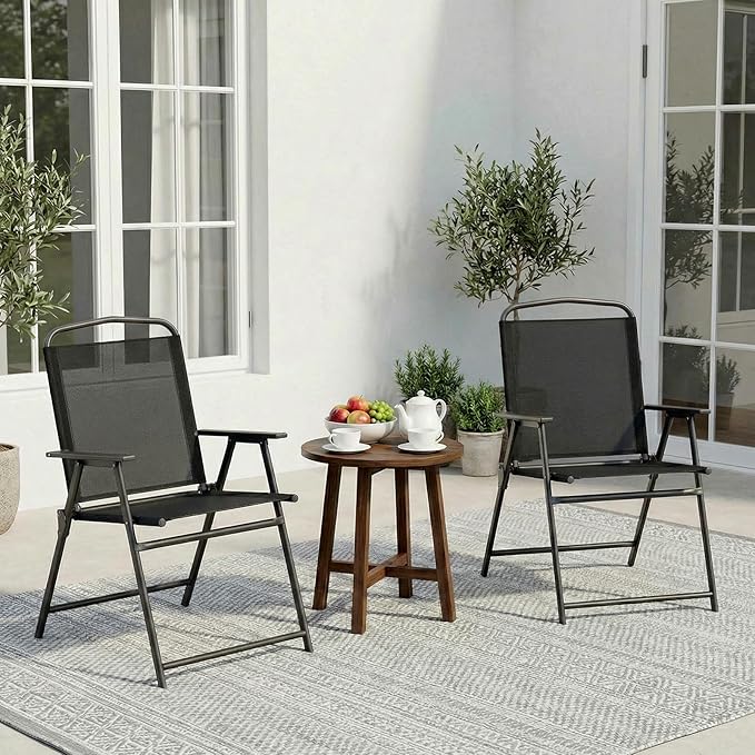 TLSUNNY Patio Folding Chairs Set of 2, Portable Dining Lawn Chairs, Outdoor Folded Furniture W/Breathable Textilene & Steel Frame, Armrests & Crossbar, All Weather for Pool, Camping (2, Black)