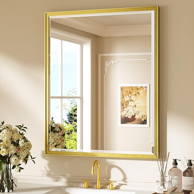 Keonjinn 30" x 36" Gold Bathroom Mirror, Beveled Edge Tempered Glass, Decorative Aluminum Alloy Frame, Rustproof, Modern Farmhouse Style, Rectangle Brushed Gold Vanity Wall Mirrors with Square Corner