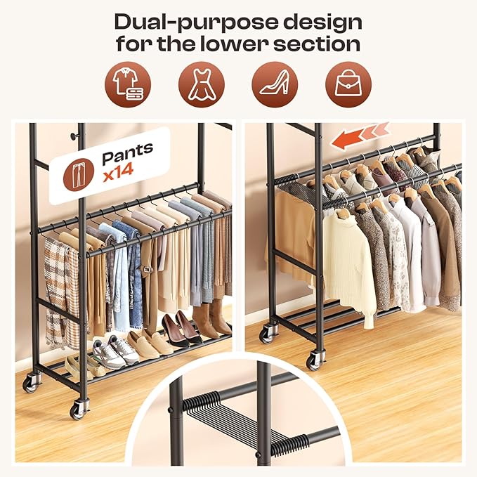 Clothes Rack - 4-Bar Double Rod Clothing Rack with 15 Pants Racks - Rolling Clothes Rack with Shelves - Portable Garment Rack for Bedroom Laundry Room Closet - Black