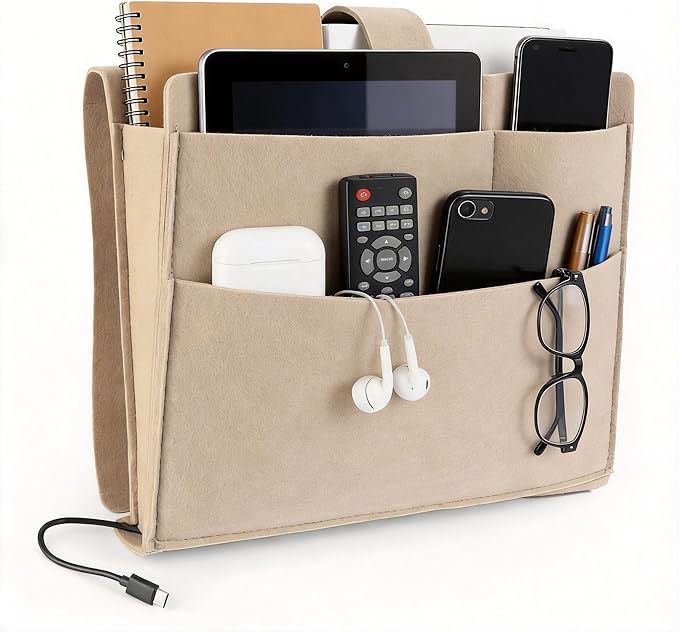 Bedside Caddy,Large Bed Caddy Hanging with Cord Slit, Bedside Remote Holder for Magazine,Books,Bunk Bed Accessories with Strong-Grip Loop Tape Sticky for Dorm, Bedroom, Sofa