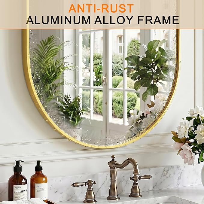 TRAHOME Oval Bathroom Mirror, 24"x36" Gold Vanity Mirror for Over Sink, Bedroom, Living Room, Entryway, Modern Mounted Metal Frame Wall Mirror