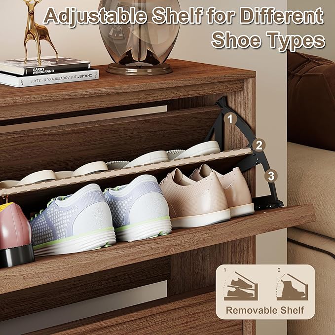 Shoe Cabinet with 2 Flip Drawers, Modern Narrow Shoe Storage Cabinet Organizer with Adjustable Shelf, Hidden Freestanding Shoe Rack for Entryway, Hallway, Living Room, Walnut