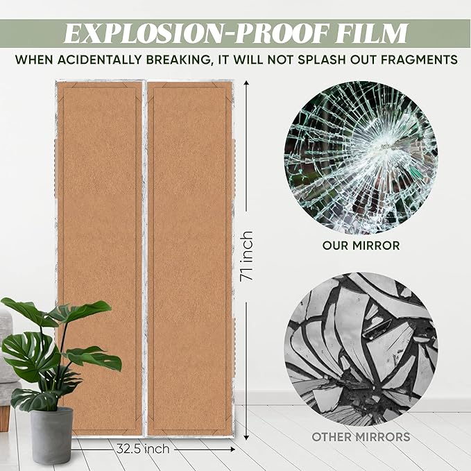 Houseables Trifold Mirror Full Length, 3 Way Mirror, Floor Length, Three Way Folding, Standing, Full Body, Wood Framed, 3 Sided for Bedroom, Makeup, Oversized, Foldable, White, 71 x 32 to 65 Inch
