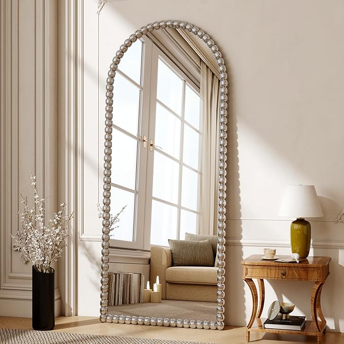 28"x71" Silver Arched Full Length Mirror, Vintage Beaded Decorative Floor Full Body Dressing Mirror as Room Decor Hanging Leaning Standing for Living Room, Bedroom, Vanity Area