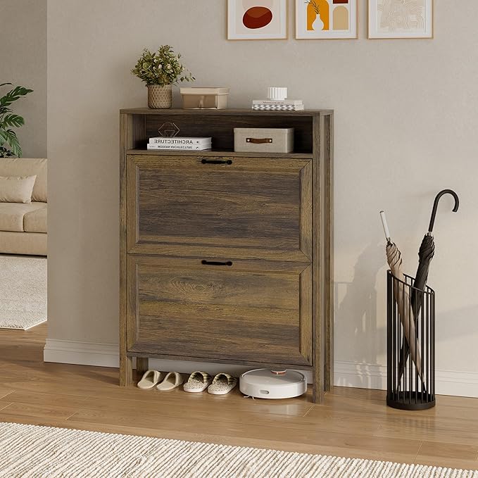 LOUVIXA Shoe Cabinet with 2 Flip Drawers, Narrow Shoe Storage Cabinet, Freestanding Shoe Cabinet Organizer, Hidden Shoe Rack Cabinet for Entryway, Hallway (2-Drawers, Brown/2-drawers)