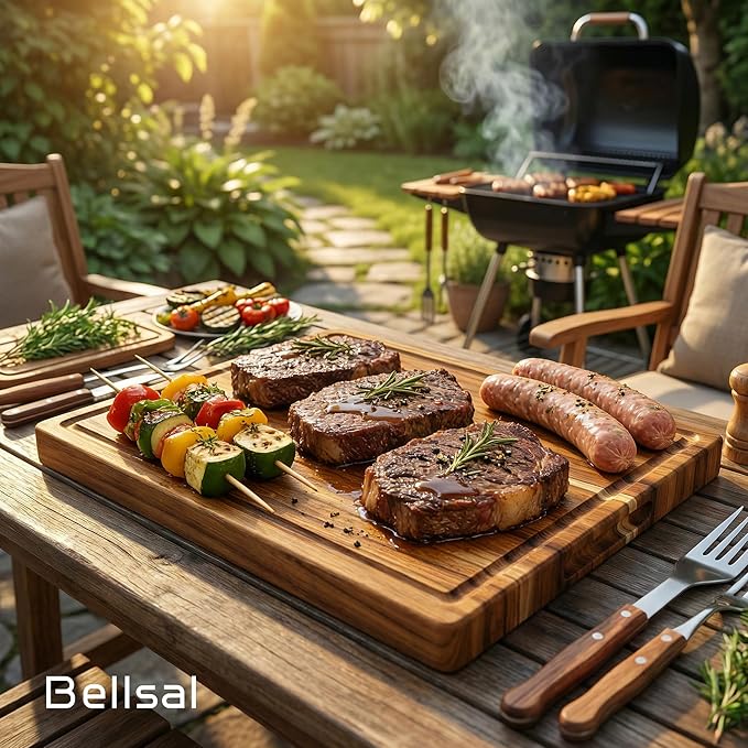 Bellsal Extra Large Teak Wood Cutting Board 20inch for Kitchen Charcuterie Board Heavy Duty Non Slip Feet Over Sink Butcher Block Chopping Board Nice Solid Thick Wooden Juice Groove XXl large Hardwood