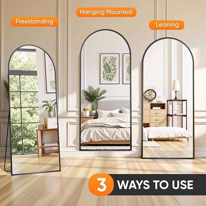 Suidia Full Length Mirror, 58"x19" Floor Standing Mirror Freestanding, Full Body Mirrors with Stand for Bedroom, Hanging Mounted for Living Room Cloakroom, Black, Arched Style