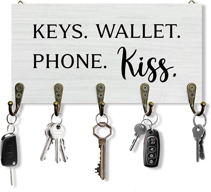Keys Wallet Phone Kiss Key Holder for Wall 10"x5.12", Entryway Key Hanger Wall Mount, Gifts for Couples Family Cute House Wooden Hanging Keys Holder Decor for Entryway Front Door（5 Hooks）