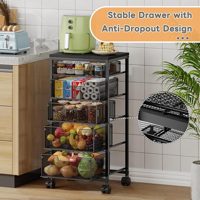 Kitchen Storage Cart with Drawer, 5-Tier Fruit Vegetable Storage Cart, Kitchen Organizer and Storage Cart with Wheels, Wooden Top Metal Wire Pantry Storage Cart rack for Fruit Snack Onion Potato