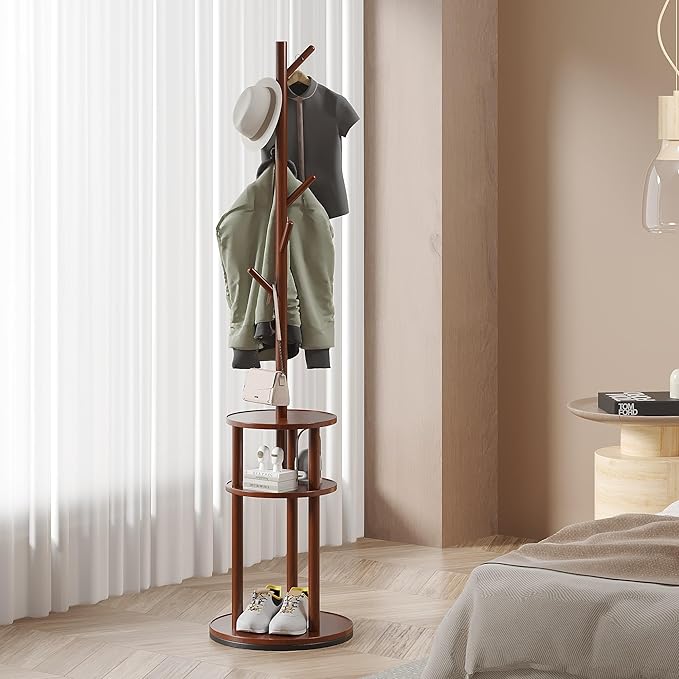 VECELO Coat Rack Freestanding, Entryway Hanger Stand, Umbrella Holder, Hall Tree With Hooks, Floor Standing Metal Tree Stand,Walnut