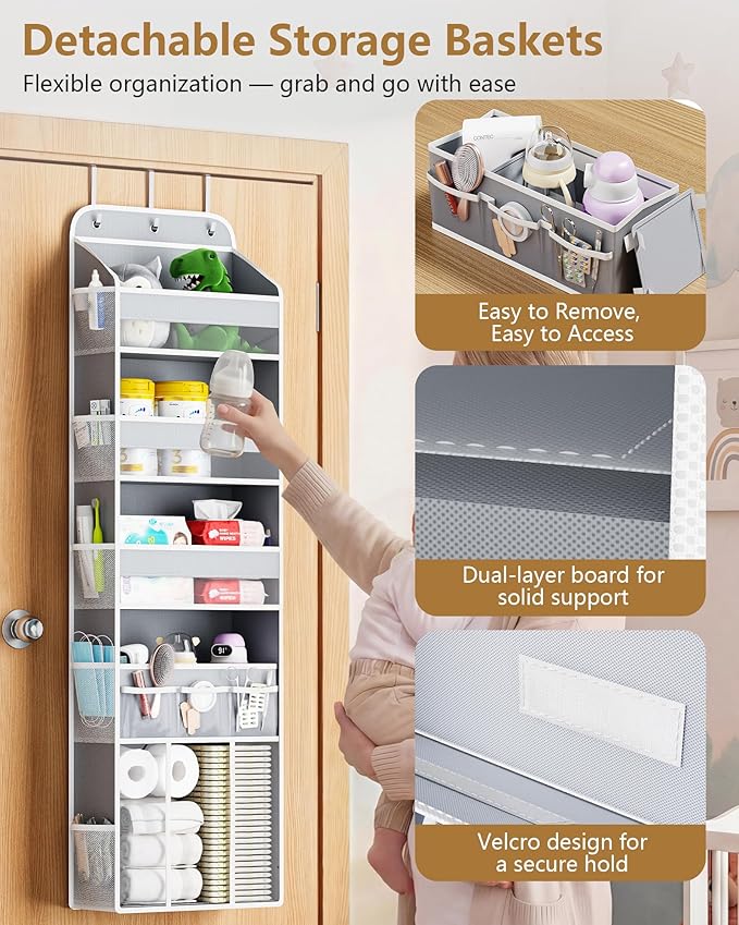 OneDream Over the Door Organizer for Nursery, 5-Tier Baby Clothes Organizer with Removable Storage Caddy, Hanging Behind Door Storage with Clear Pockets and Side Mesh Compartments, Grey