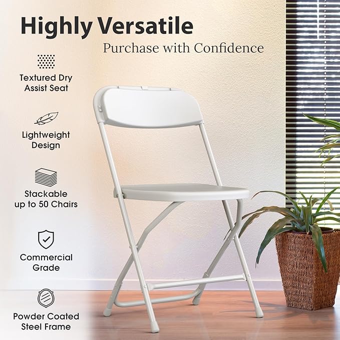 Our Modern Space 10 Pack Foldable Plastic Chair | Folding & Stackable | 350 lbs Capacity Steel Frame Seats for Indoor Outdoor | Commercial Use Events Wedding Party Bulk Picnic Kitchen Dining - White