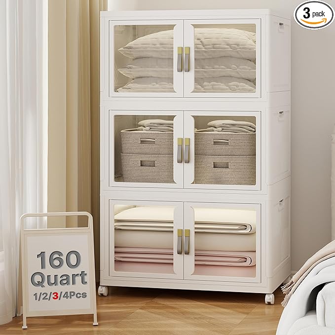 UAMFURI Stackable Storage Bins with Lids, Clear Doors, Large Storage Cabinet Foldable Collapsible Closet Organizers for Bedroom Dorm Office (3, White, 160, Quarts)