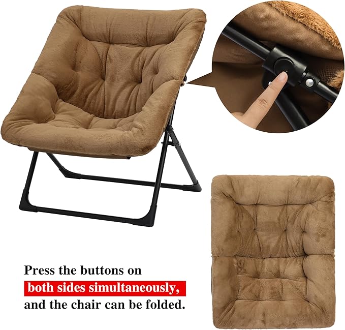 Comfy Saucer Chair for Adults, Soft Faux Fur Bedroom Chair, Accent Dorm Chairs, Flexible Living Room Reading Chairs, Oversized Folding Seat for Teens, X-Large, Brown