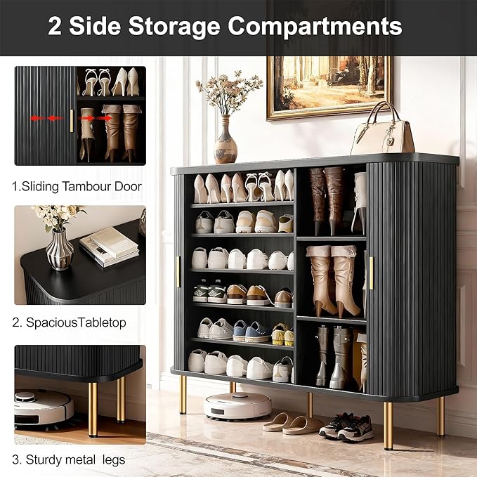 DHH Shoe Storage Cabinet with Sliding Door, 6-Tier Shoe Cabinet with Adjustable Shelves, Mid Century Modern Freestanding Shoe Storage Organizer for Entryway, Hallway, Living Room (Black, 47 ")