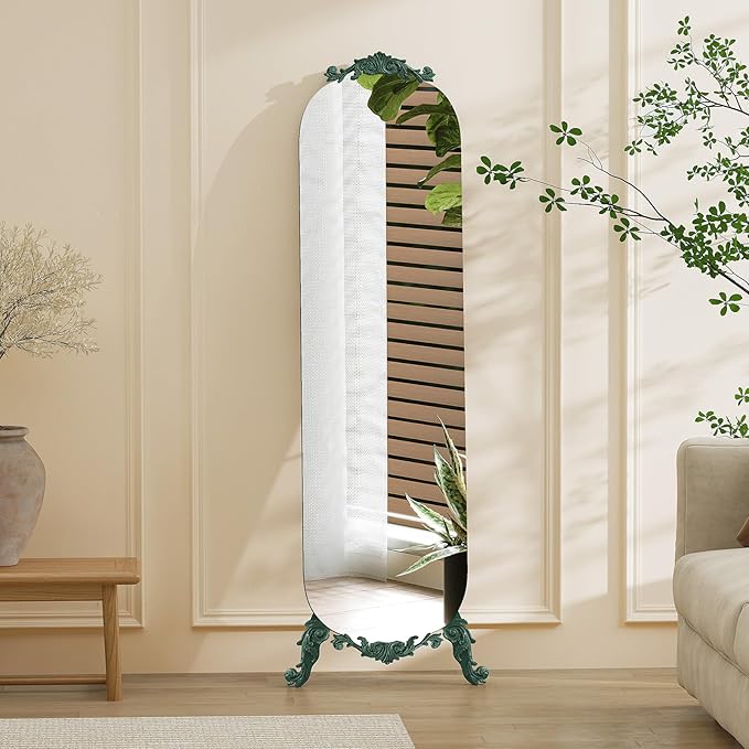 Arched Full Length Mirror, 63"X20" Vintage Floor Mirror, Baroque Full Body Mirrors with Art Carved, Free Standing Leaning or Wall-Mounted Mirrors for Bedroom, Living Room, Entryway, Green