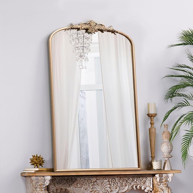 Besdomus Vintage Gold Wall Mirror: 24"x42" French Large Arch Champagne Gold Antique Wall Mounted Mirror - Traditional Ornate Home Decor for Entryway/Fireplace/Bathroom - Baroque Idea for Housewife