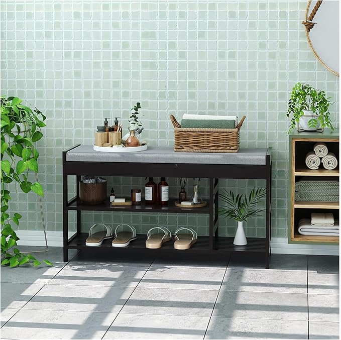 HIFIT 2-Tier Entryway Shoe Rack Bench with Storage, 36 in Bamboo Storage Bench with Padded Seat, Shoe Oiganizer Shelf for Entryway Mudroom Bathroom Foyer, Vintage