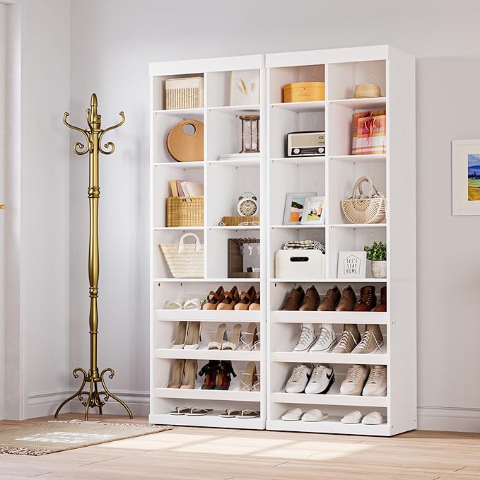 IRONCK Closet Shoe Organizer Cabinet with Shelves and Cubbies, Narrow Footwear Shoe Rack Storage Organizer for Closet for Bedroom, Entryway, Mudroom, White