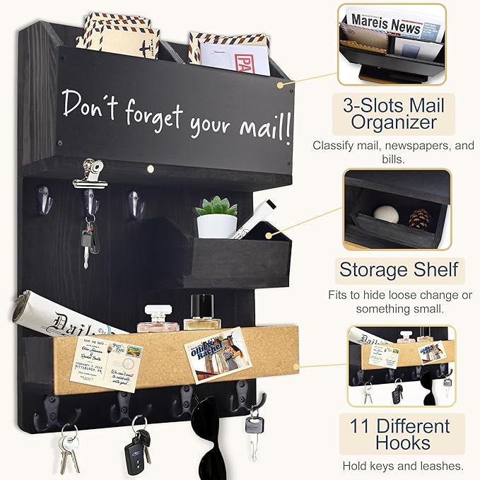 Mail Organizer Wall Mount，Key Holder Mail and Key Organizer for Wall with Shelf, Chalkboard, Corkboard, Home Decor for Room Office Entryway(Midnight Black)