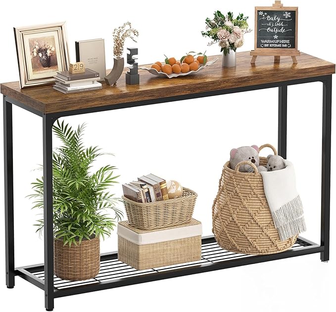 Besiost 47" Console Table with 2-Tier Storage, Industrial Narrow Entryway Table, Sofa Table Behind Couch for Hallway, Foyer & Living Room, Sturdy Metal Frame, Rustic Brown