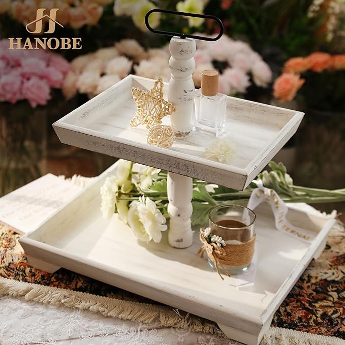 Hanobe Tiered Tray for Table Decor: 4th of July 2 Tier Decorative Tray Stand for Coffee Bar - Large Farmhouse White Display Stands for Holiday - Wood for Kitchen Counter Decorations