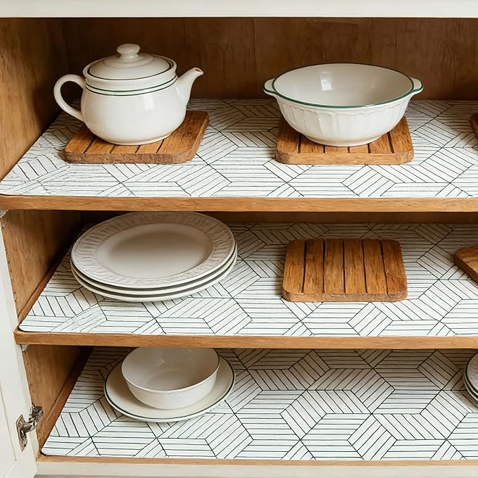 Green Geometric line Pattern Shelf Liners, Non-Adhesive and Anti-Slip Thickened Drawer Liners, Easy to Clean, Kitchen cabinets, toolboxes, refrigerators, Including Tools. 17×236.22 inches.