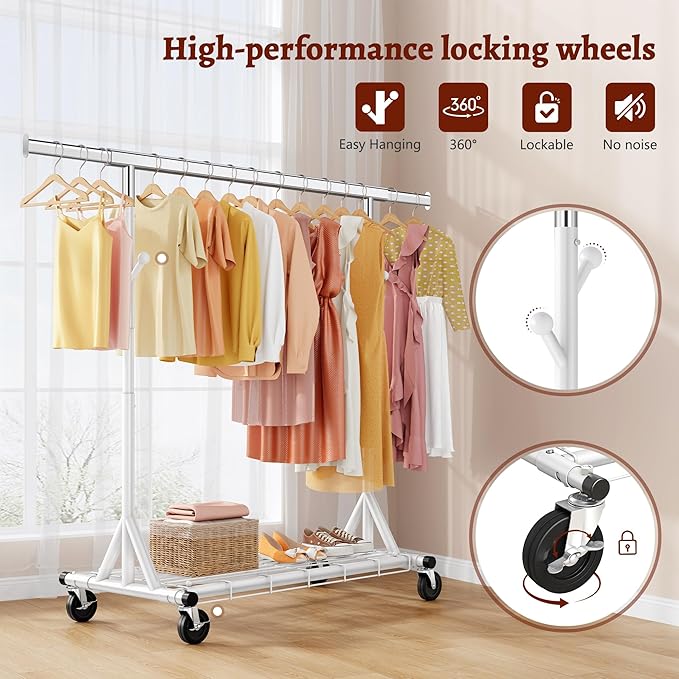 FAVOOSTY Heavy Duty Clothes Rack for Hanging Clothes, Rolling & Extending Clothing Rack with Wheels, Garment Coat Rack Freestanding, Portable Clothes Rack, White