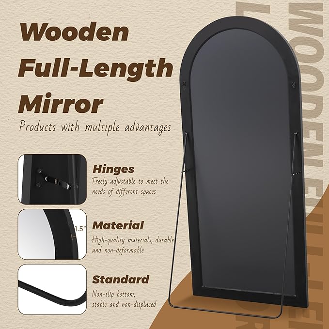 Antok Full Length Mirror with Solid Wood Frame, 71"×32" Wall Mounted Oversized Floor Mirror with Stand, Leaning Standing Hanging for Bedroom Living Room Entryway, Black, Arched Syle