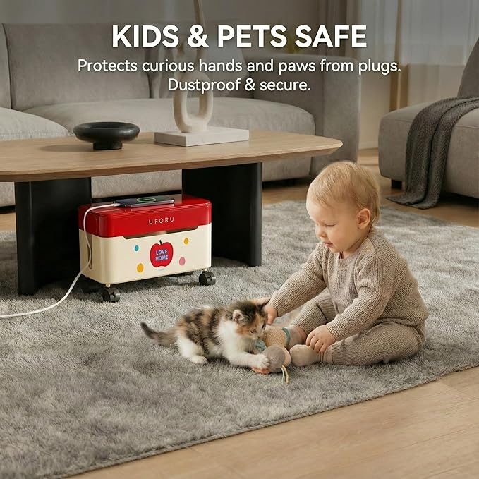 2-Tier Rolling Cable Management Box with Wheels (Large) – Mobile Power Strip Hider & Cord Organizer – Under Desk Wire Concealer & Charging Station Organizer – Baby & Pet Proof Safety (Apple Red)
