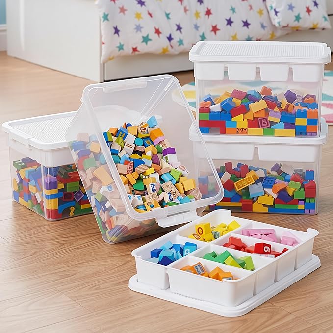Citylife 32 QT Stackable Toy Storage with Building Baseplate Lid and Removable Tray Tool Box Organizer Storage Bins with Lids for Organizing Bead, Tool, Sewing, 4 Packs