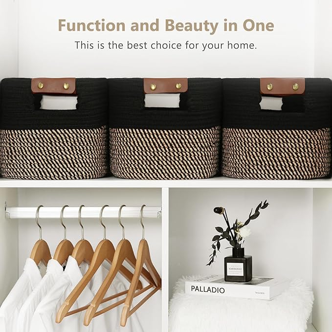 ECDYQXVU Cotton Rope Basket, Storage Baskets with Handle, 15x10x9 Inch Woven Basket for Shelves, Laundry, Towels, Clothes, Books, (Black Brown 1 Pack)