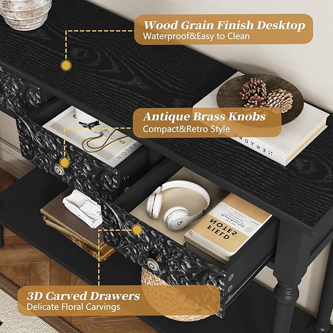 3More Entryway Console Table with 3 Drawers,42" Carved Hallway Table with Open Shelf,Long Sofa Table for Living Room, Hallway, Behind Couch,Black