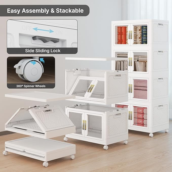 UAMFURI Stackable Storage Bins with Lids, Clear Doors, Large Storage Cabinet Foldable Collapsible Closet Organizers for Bedroom Dorm Office (4, White, 120, Quarts)