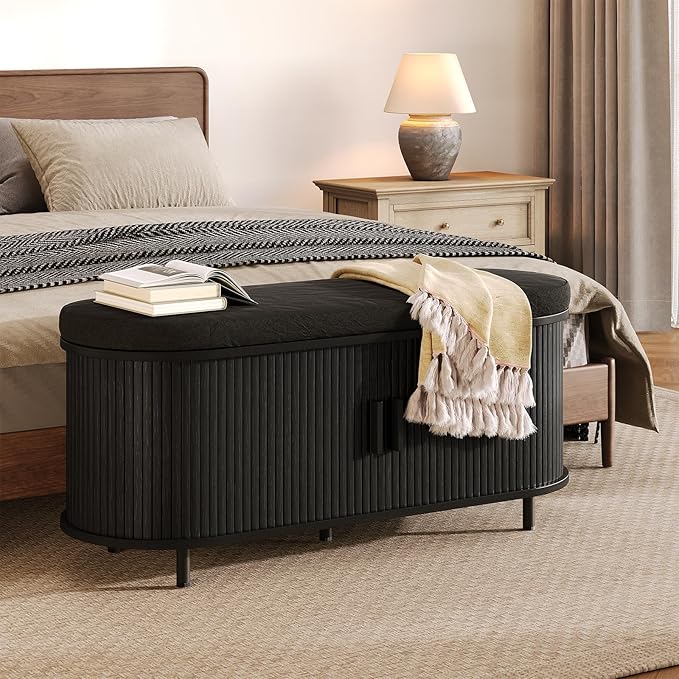 Oval Shoe Storage Bench with Padded Seat Cushion, 2-Tier Fluted Shoe Cabinet with Adjustable Shelves, Mid-Century Bench Compact for Entryway, Hallway, Closet, Front Accent, Foyer, Bedroom, Black