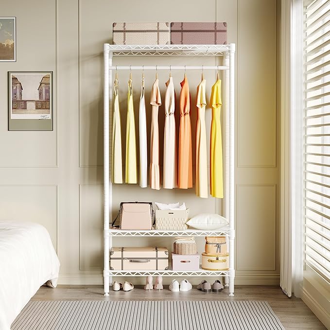 3-Tier Metal Clothes Rack with Adjustable Shelves and Hanging Rod, Freestanding Wardrobe Storage Organizer, 660 lbs Capacity, Portable for Bedroom or Laundry Room, White