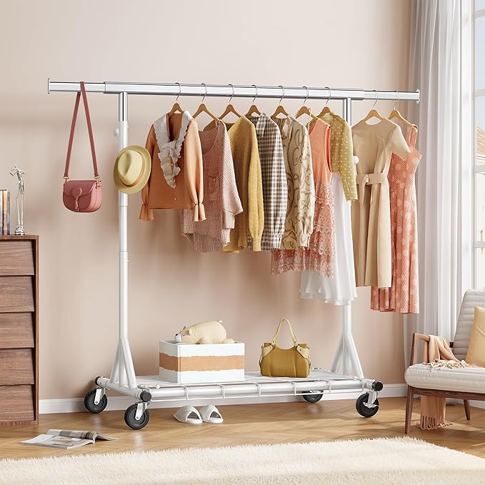 FAVOOSTY Heavy Duty Clothes Rack for Hanging Clothes, Rolling & Extending Clothing Rack with Wheels, Garment Coat Rack Freestanding, Portable Clothes Rack, White