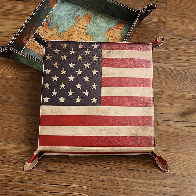 Valet Tray Desktop Storage Organizer, Vegan Leather Catchall Bedside Vanity Tray Nightstand Caddy Holder for Remote Controller, Watch, Keys, Phone, Wallet, Sunglasses, Jewelry - Flag