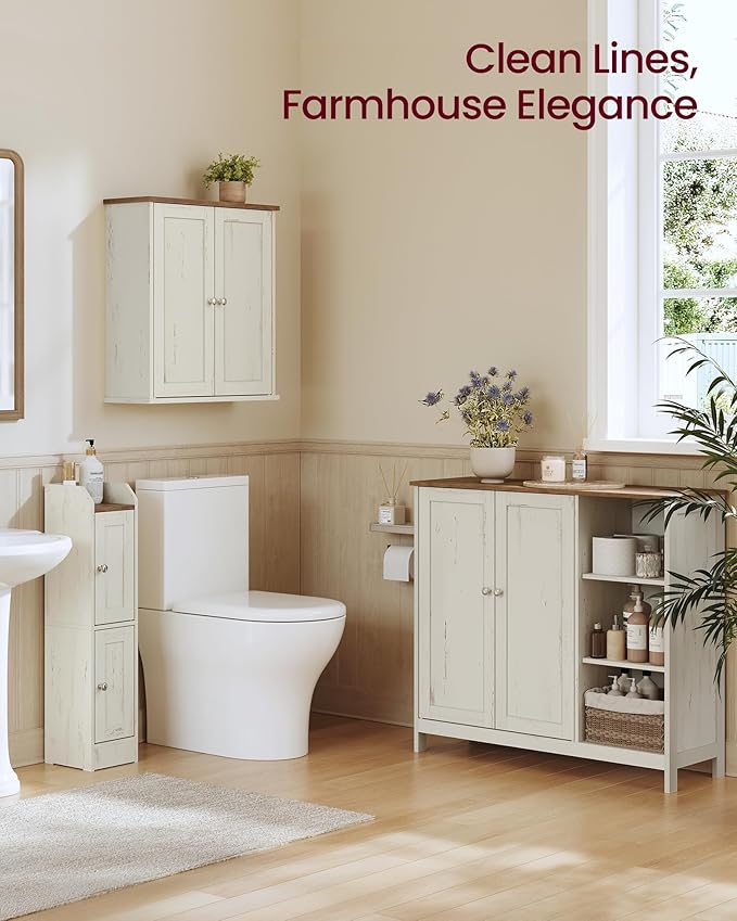 VASAGLE Siren Collection - Bathroom Wall Cabinet, Hanging Bathroom Storage Cabinet, for Medicines, Farmhouse, 2 Adjustable Shelves, 7.9 x 22 x 23.6 Inches, Rustic White and Honey Brown UBBK330WJ01S